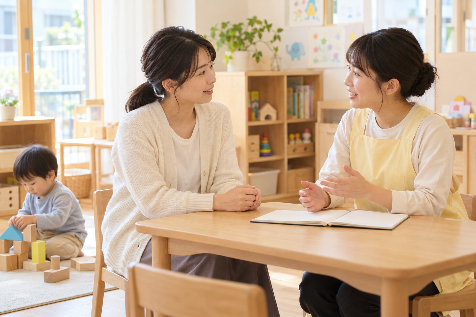 子どもの様子を伝え合う保護者と先生