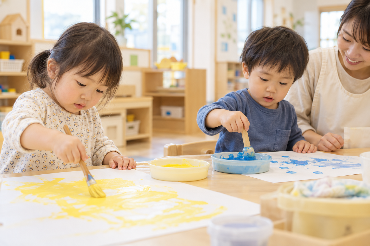 先生に見守られながら、絵の具で思い思いに制作する子どもたち