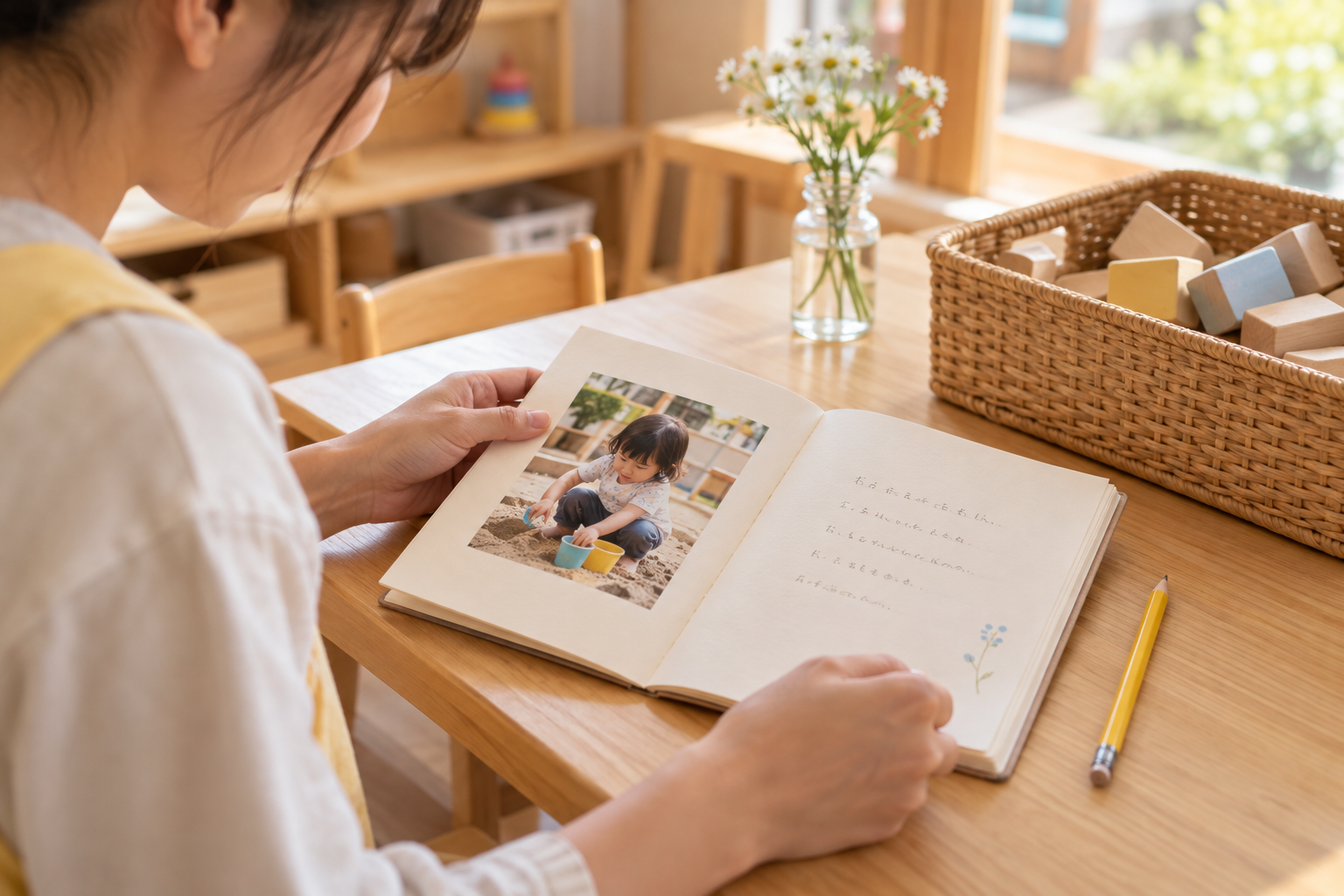 遊びの写真と短い言葉を添えた連絡帳のイメージ