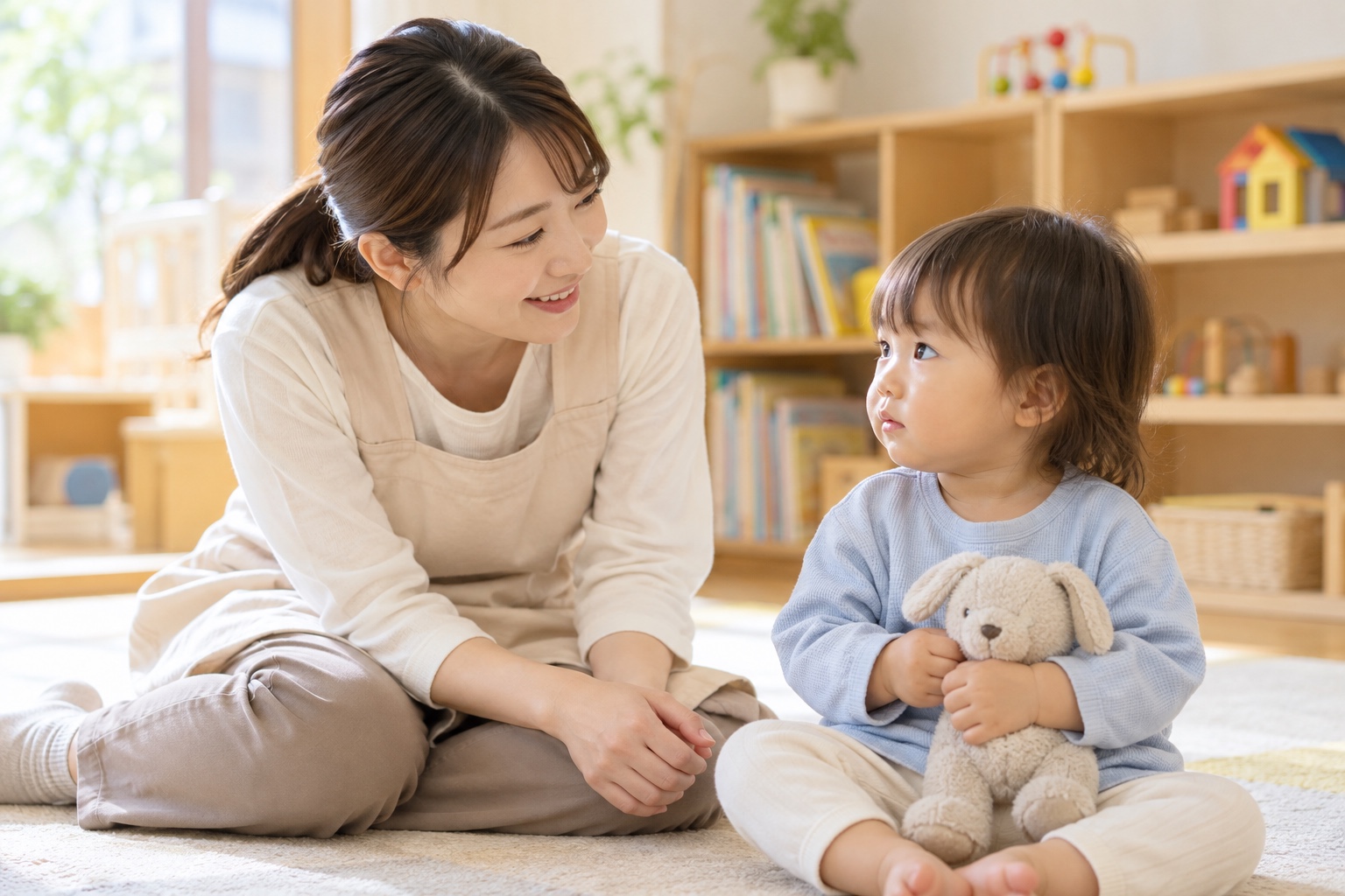 子どもに寄り添い、一緒に微笑む先生