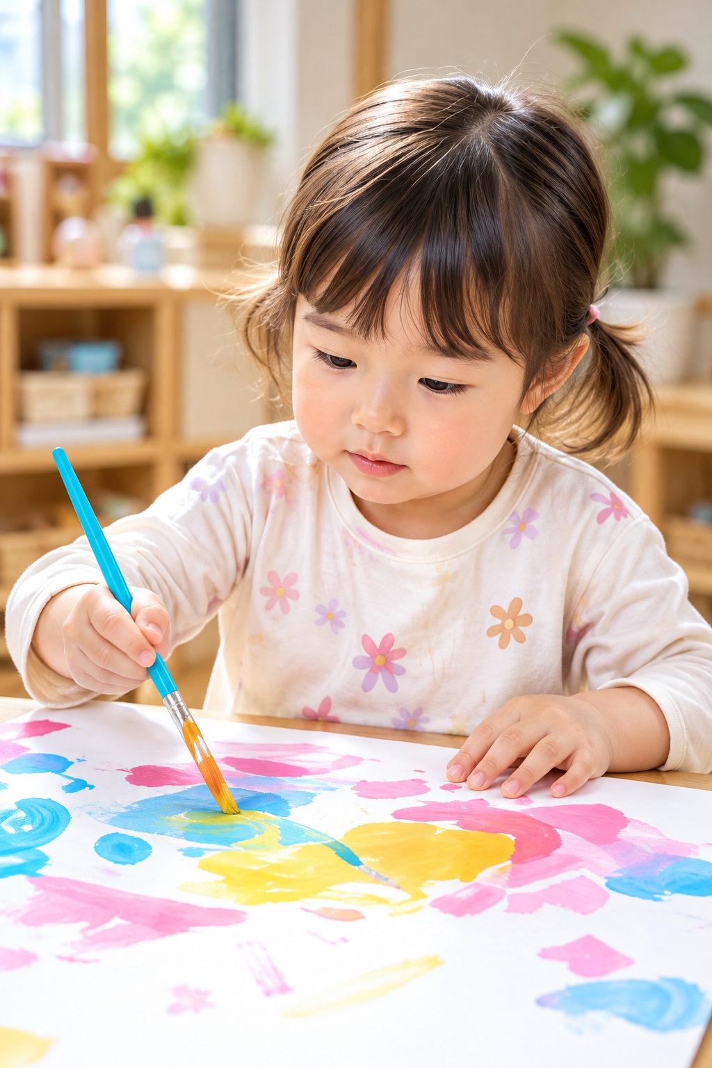 筆を持ち思い思いに色を重ねる子ども