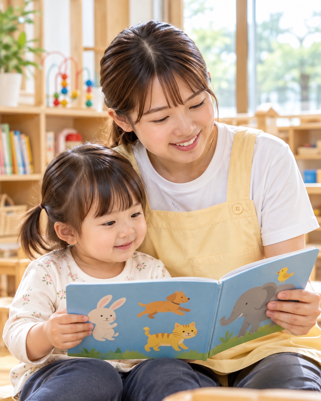 先生と一緒に絵本を読む子ども