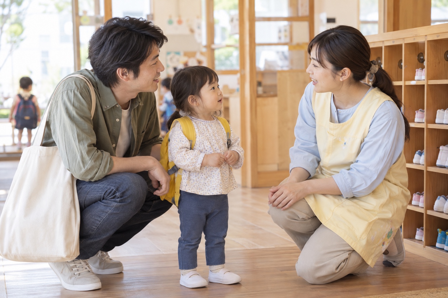 子どもを真ん中に、保護者と先生が話す様子
