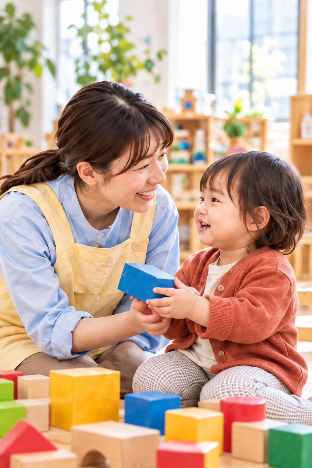 積み木を持った子どもと目を合わせ、微笑む先生