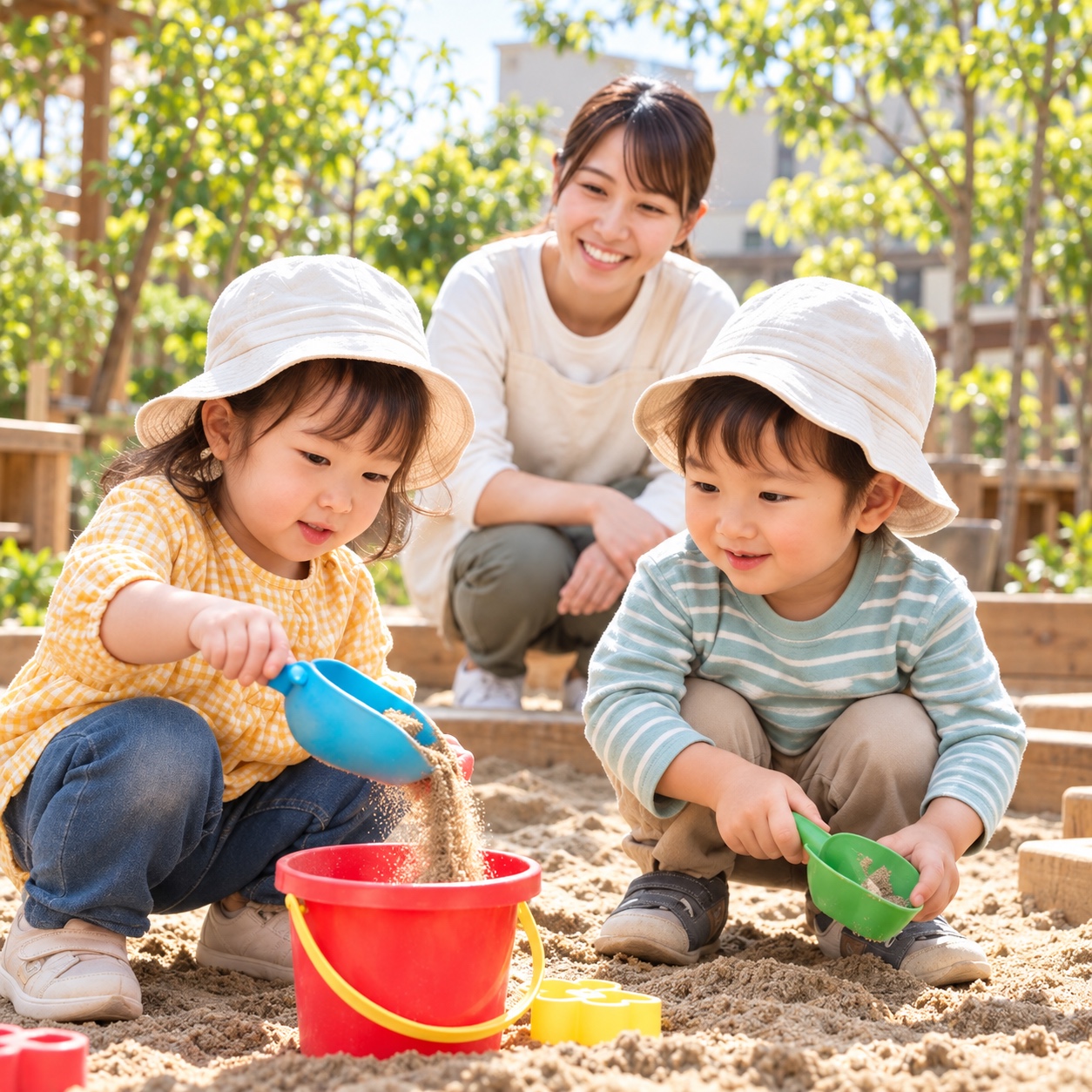 先生に見守られ、砂場で遊ぶ子どもたち