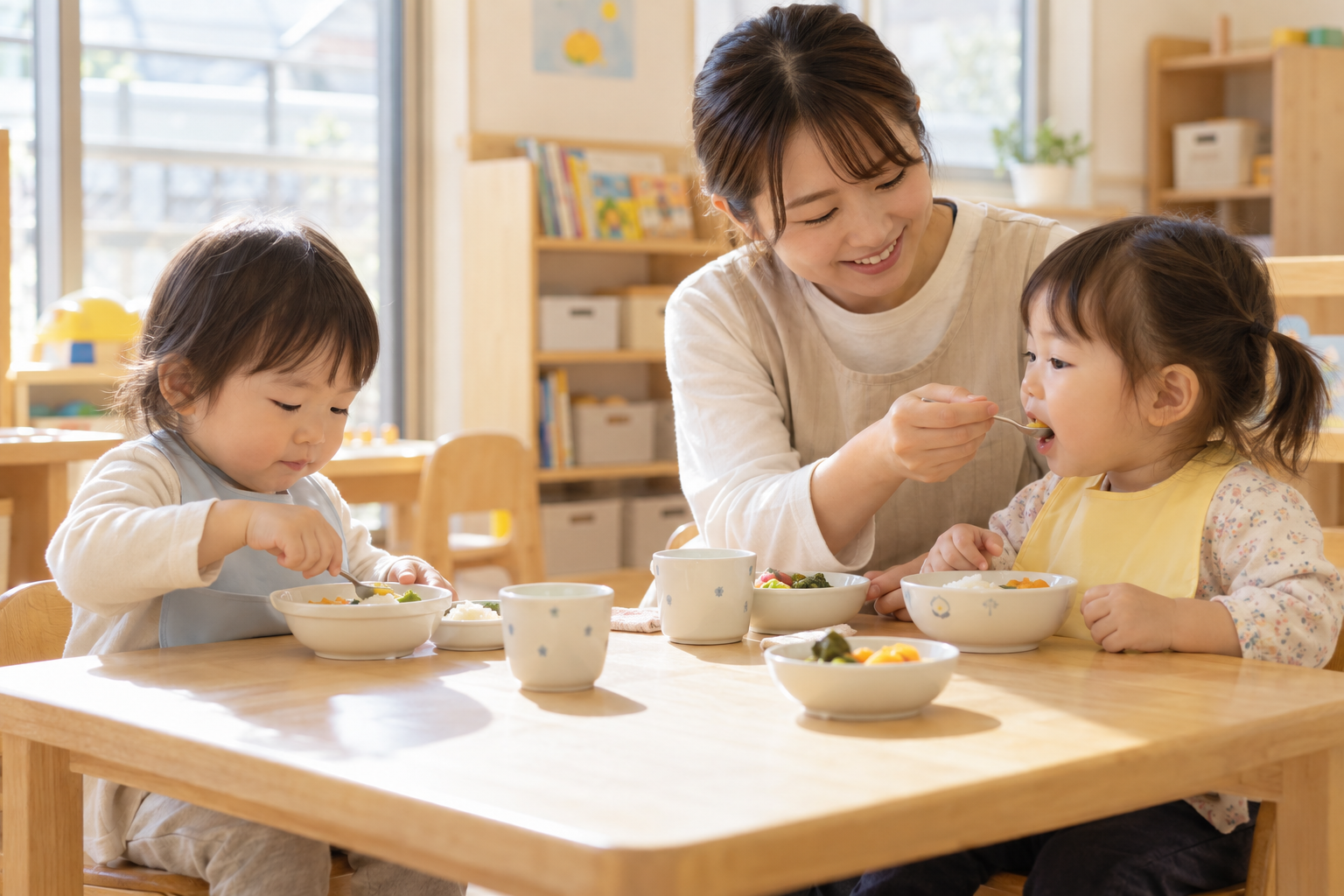 自分のペースで給食を食べる子どもたちと先生