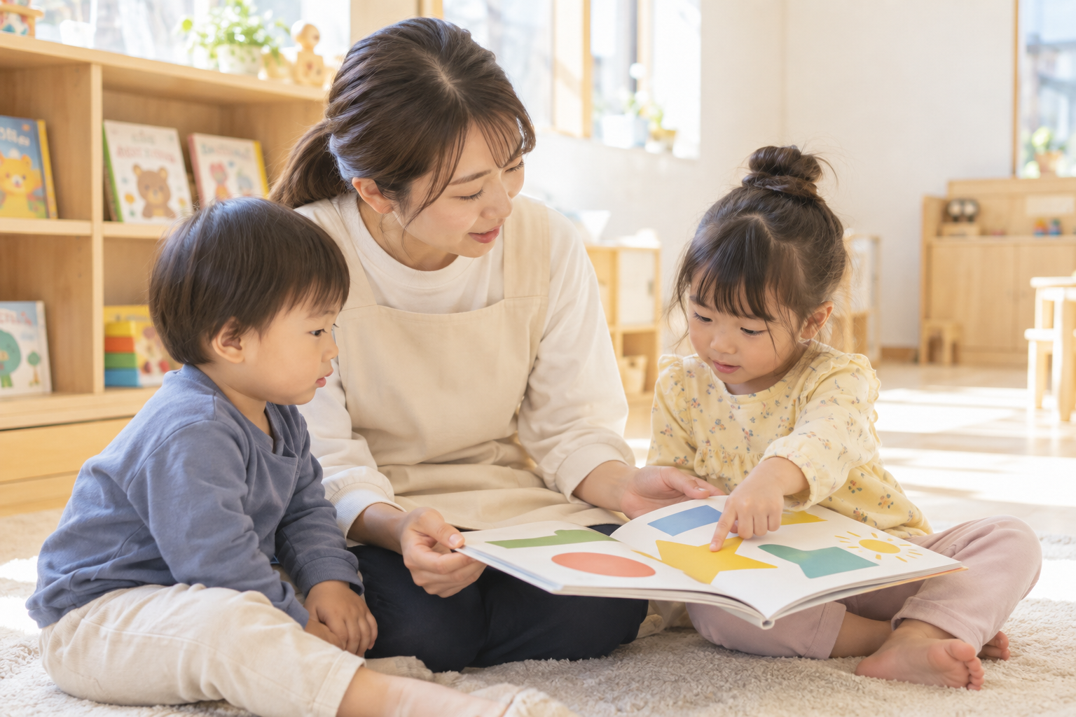 先生と一緒に絵本を楽しむ子どもたち