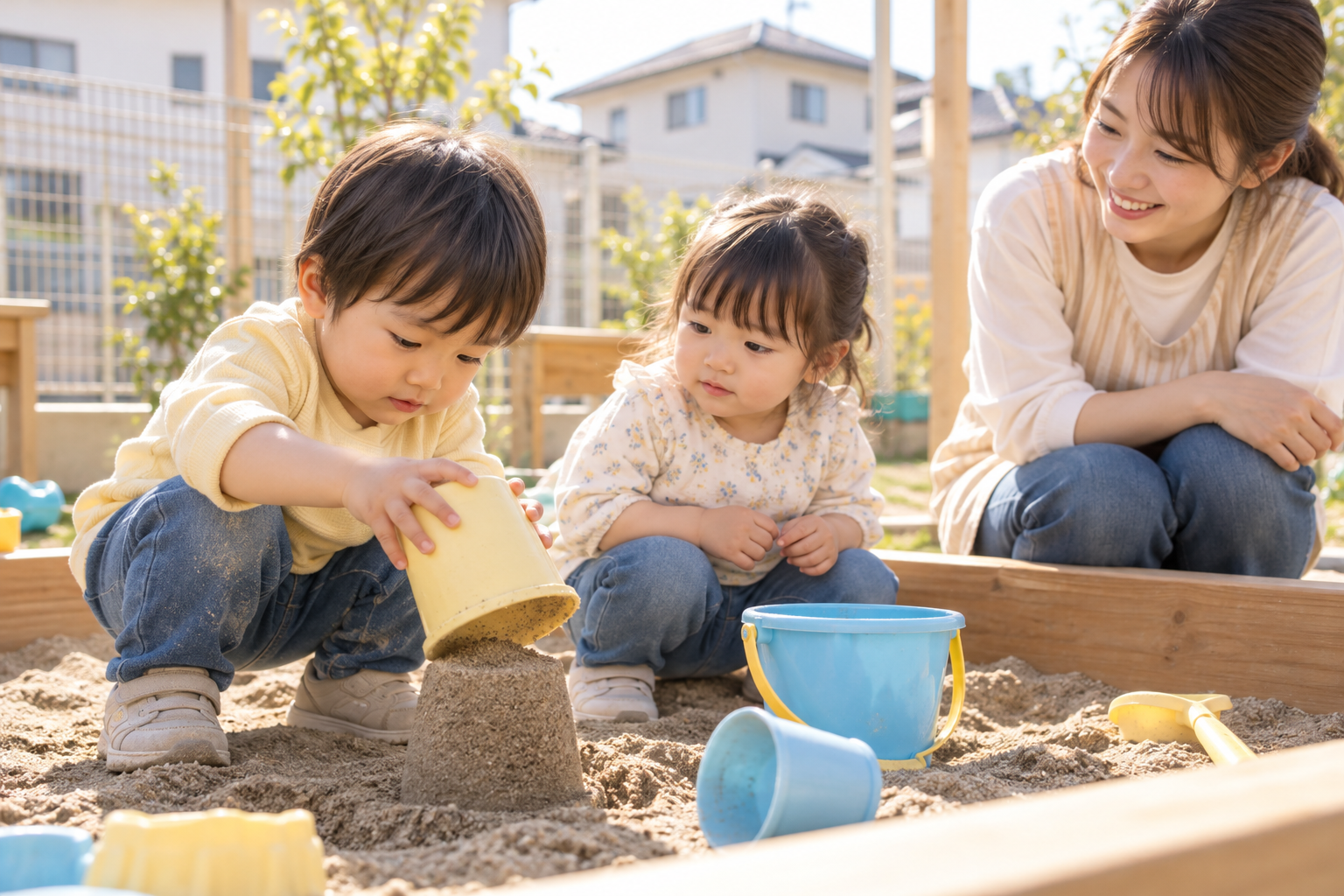 先生のそばで、砂の型抜きを試す子どもたち